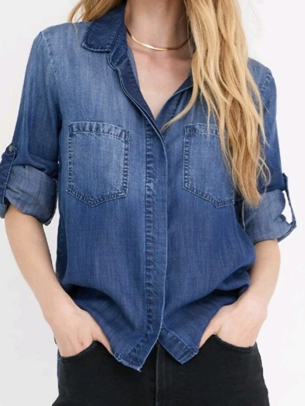Cloth & Stone Denim Chambray Rolled Sleeve Split Back Button Down Shirt Small